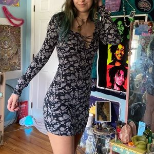 tight mini dress black pattern tie up long sleeve